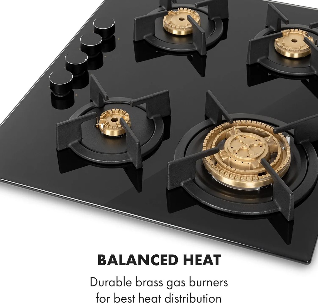 Klarstein Goldflame 4, gázfőzőlap, 4 sárgaréz égőfej, üvegkerámia