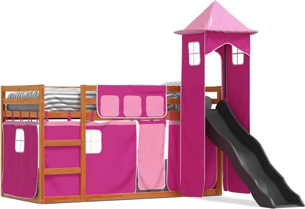 vidaXL rózsaszín emeletes ágy csúszdával és függönnyel 90 x 200 cm