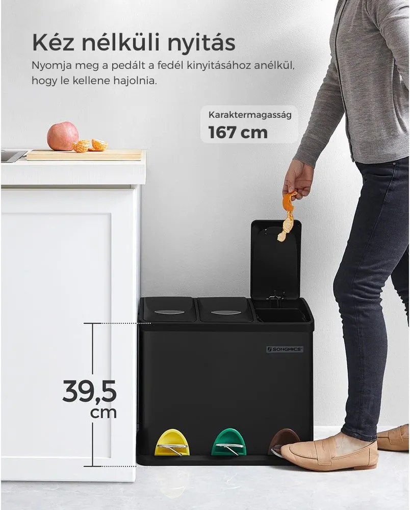 SORT szelektív hulladékgyűjtő, 24l (3x8l), fekete SongmicsHome
