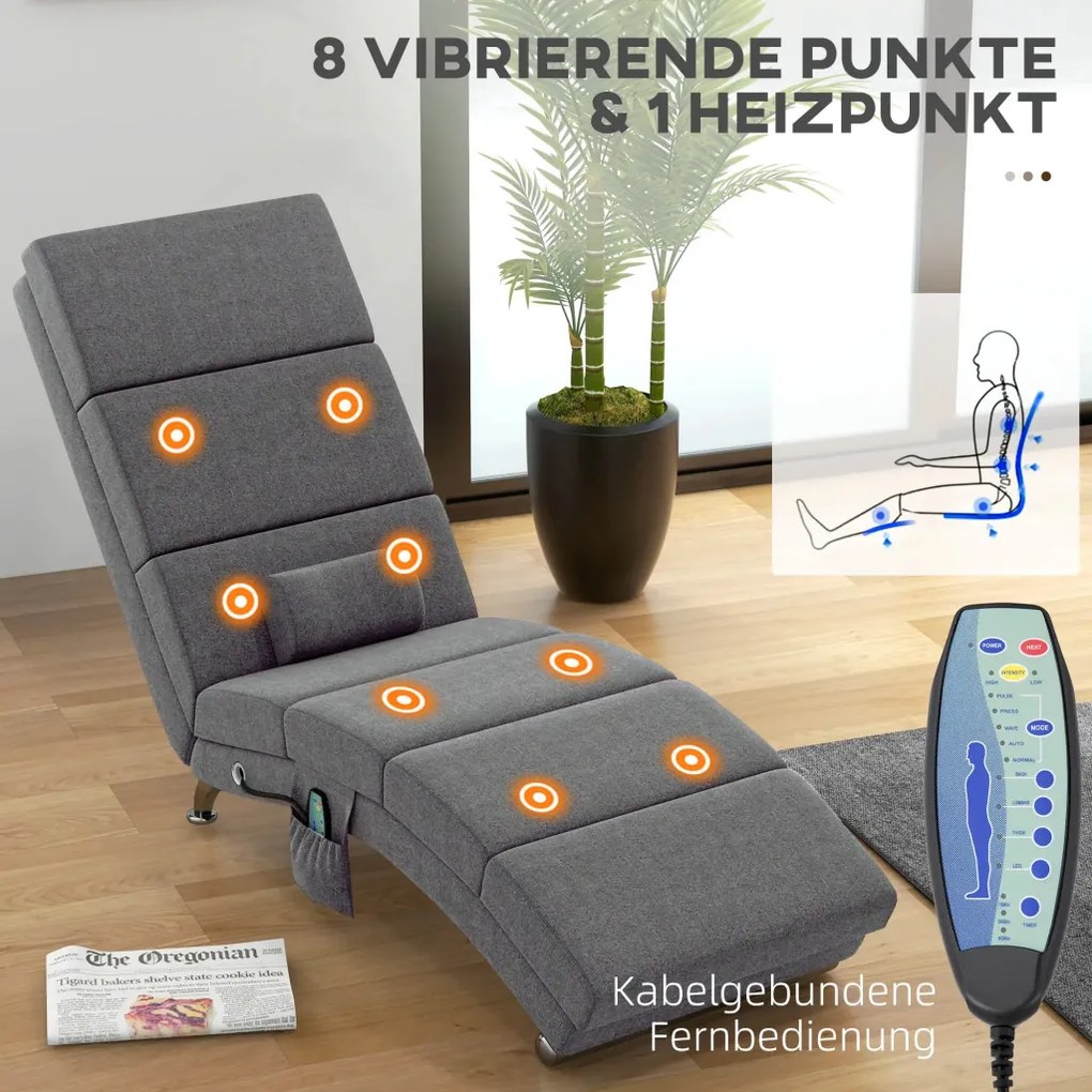 HOMCOM Masszázsfotel, dönthető, nyugágy, 8 vibrációs pont 5 üzemmód, szürke