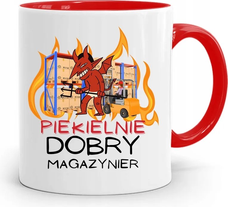 Piros Bögre Raktárosnak Pokolian Jó, fényképes nyomattal