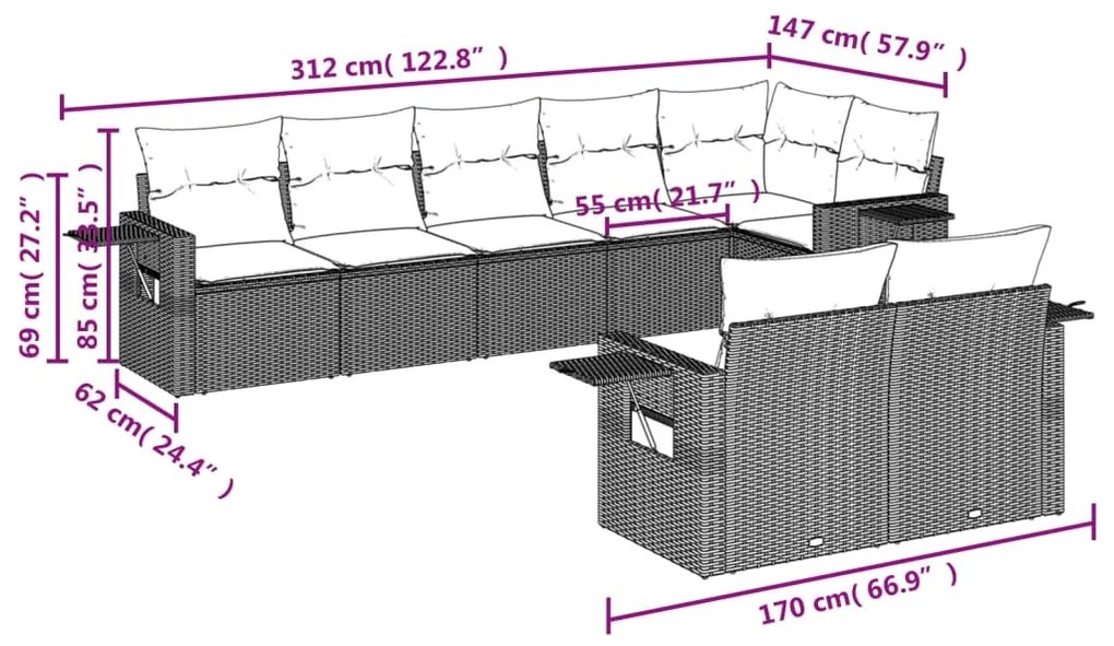 8 részes fekete polyrattan kerti ülőgarnitúra párnákkal