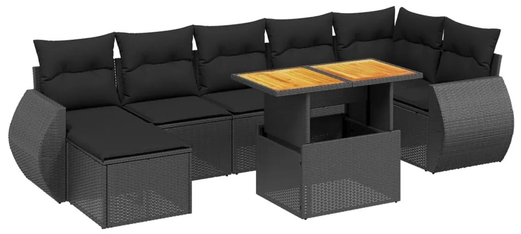 8 részes fekete polyrattan kerti ülőgarnitúra párnákkal