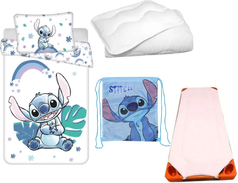 Disney Lilo és Stitch, A csillagkutya Rainbow Alien gyerek, ovis ágyneműhuzat, derékalj, tornazsák és paplan/párna szett 100x135 cm 40x60 cm