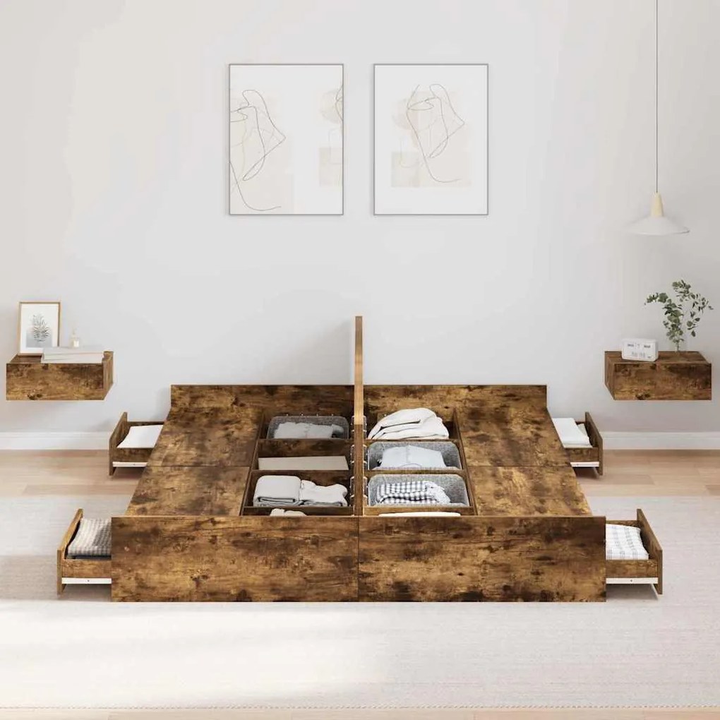 Ágykeret tárolóval fiókkal Füstölt tölgy 160 x 200 cm Faanyag