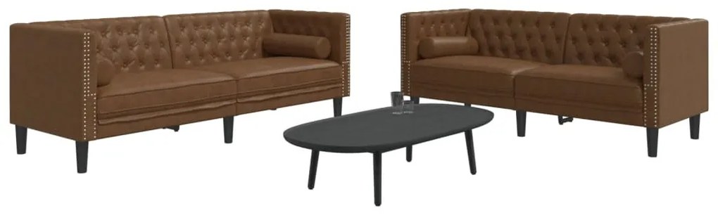 2 részes barna művelúr Chesterfield kanapészett hengerpárnákkal