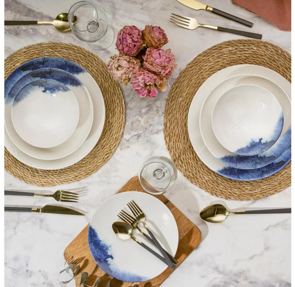 24 darabos étkészlet krém/kék/porcelán