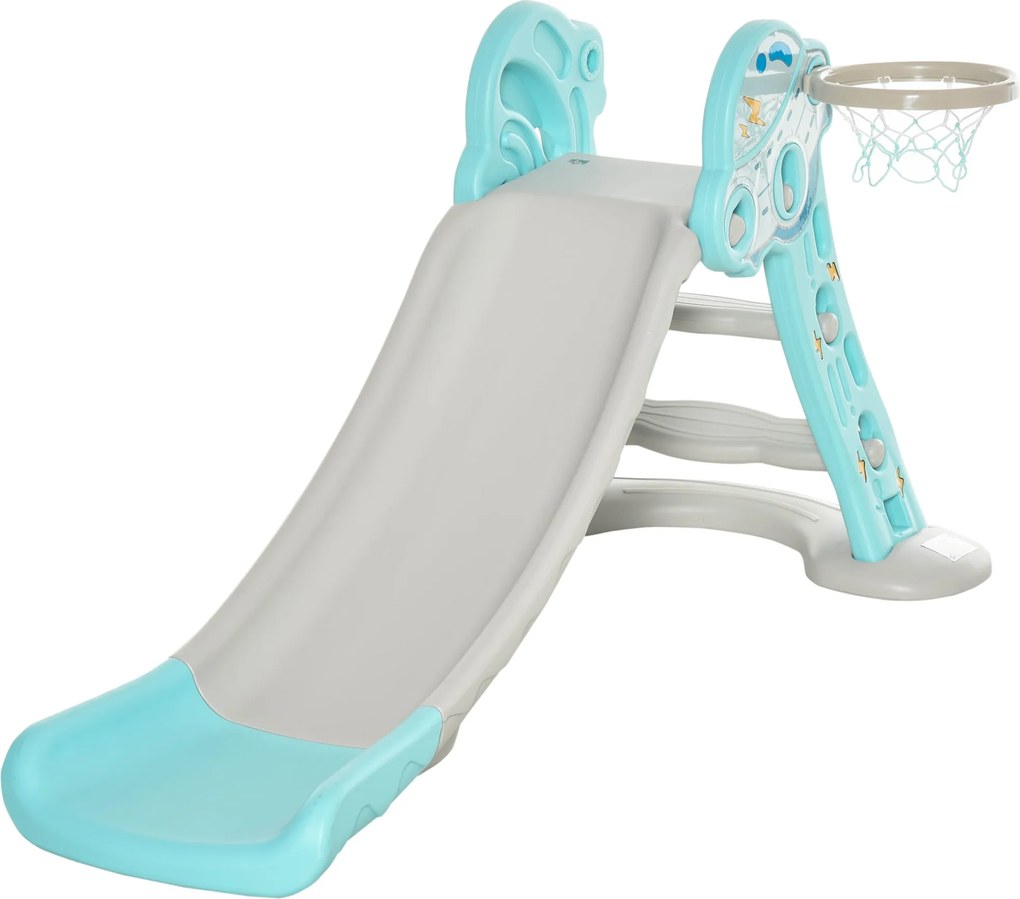 HOMCOM Gyerekcsúszda +18 hónaposoknak Összecsukható 2 az 1-ben Kosárlabdás Modell Fóka Játék Beltéri és Kültéri Használatra 140x87x75 cm Kék és Szürke