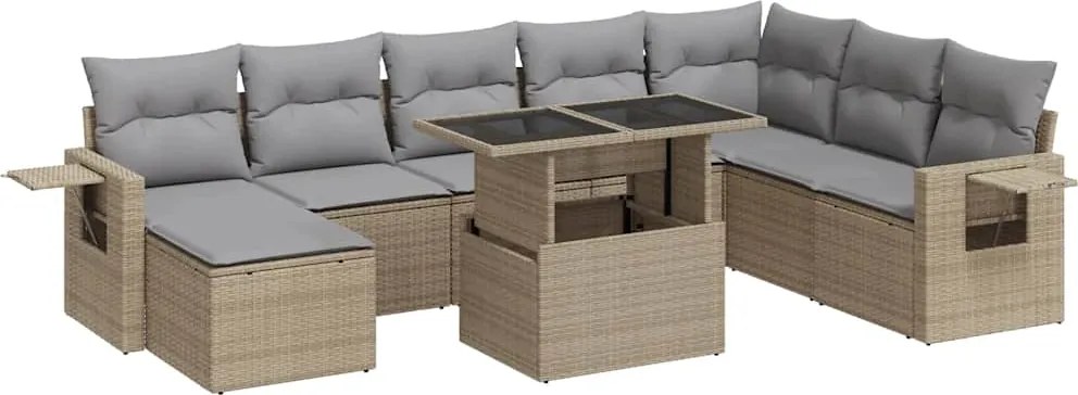 vidaXL 9 részes bézs polyrattan kerti ülőgarnitúra párnákkal