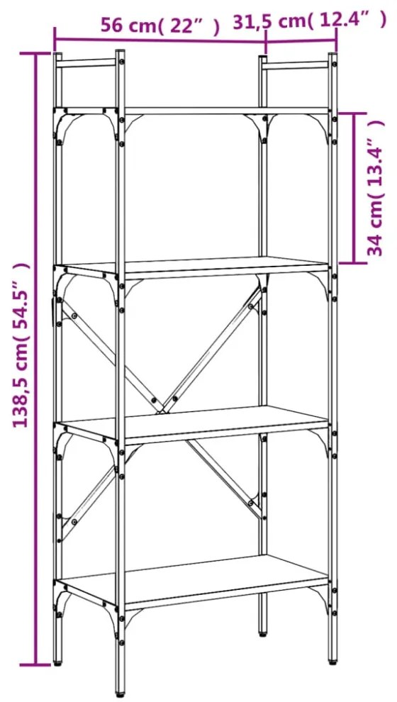 4 szintes füstös tölgy színű fa könyvespolc 56x31,5x138,5 cm