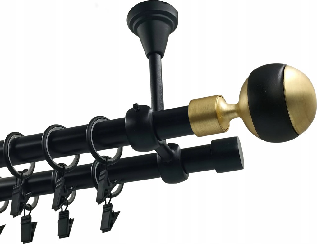 Dupla függönykarnis, Fém, Mennyezeti, 19+19, Matt Fekete, 280cm, Kula Black&amp;gold (Fekete-Arany Gömb Végződéssel)