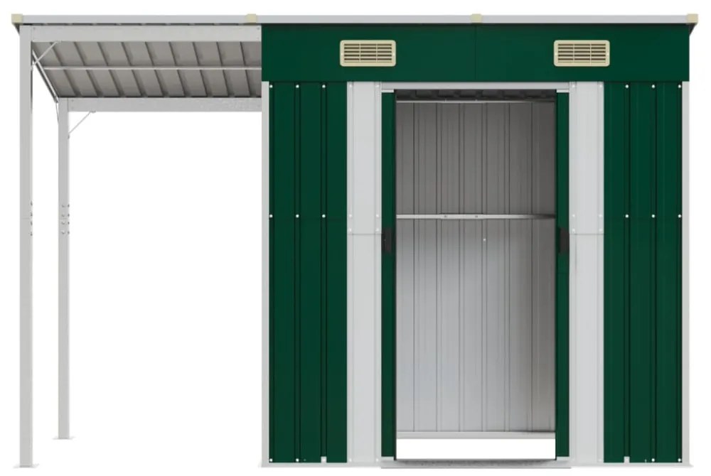 zöld kerti fészer meghosszabbított tetővel 277 x 110,5 x 181 cm