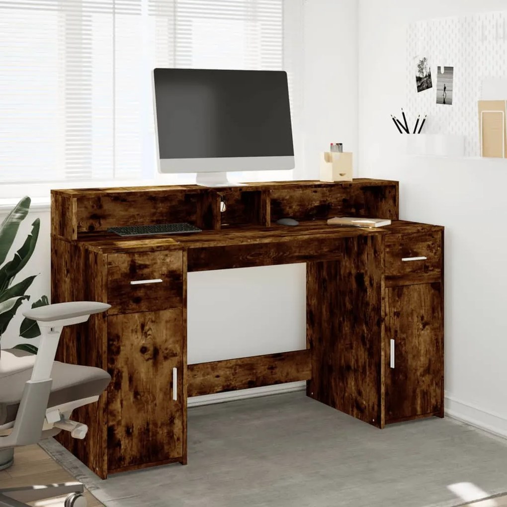 füstös tölgy színű szerelt fa íróasztal LED-ekkel 140x55x91 cm