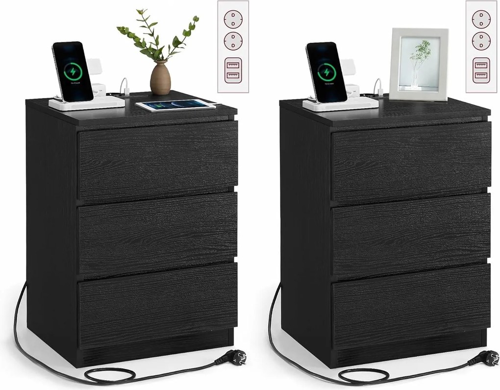 Éjjeliszekrény 2 darabos szett, 2 hálózati aljzattal és 2 usb-porttal, fekete színben