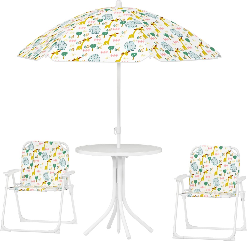 AIYAPLAY Gyerek Ülőgarnitúra Állítható Napernyővel, Gyerekasztallal és 2 Összecsukható Székkel, Kültéri Kerti Bútor, Fehér | Aosom