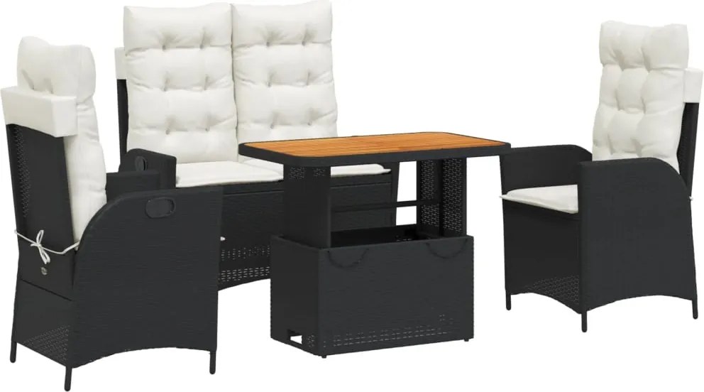 vidaXL 4 részes fekete polyrattan kerti étkezőszett párnákkal