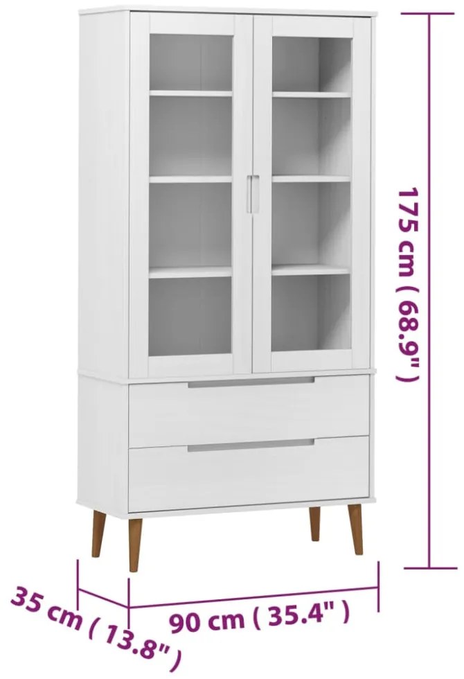 MOLDE fehér tömör fenyőfa vitrin szekrény 90 x 35 x 175 cm