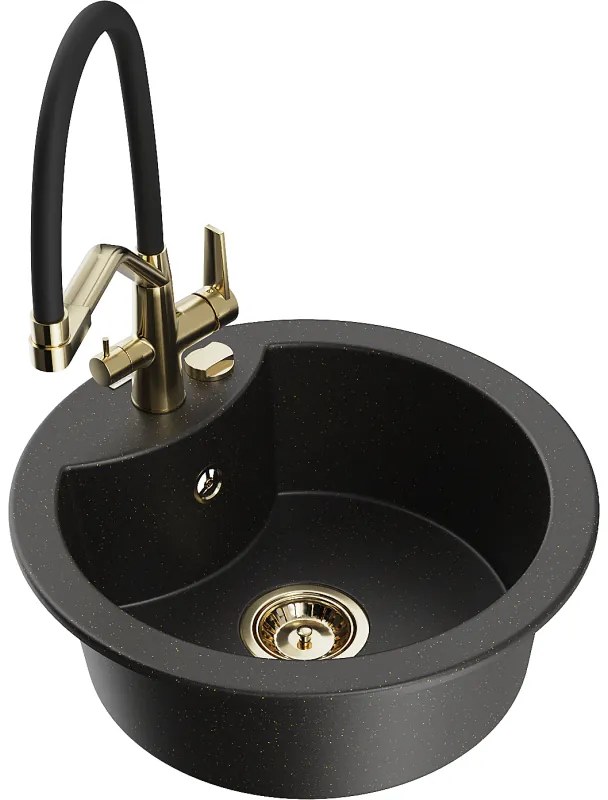 Mexen Diego egymedencés gránit mosogató Duo konyhai csapteleppel, fekete/arany metál - 6512-75-671701-57-G