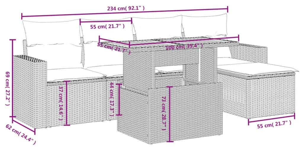 6 részes bézs polyrattan kerti ülőgarnitúra párnával