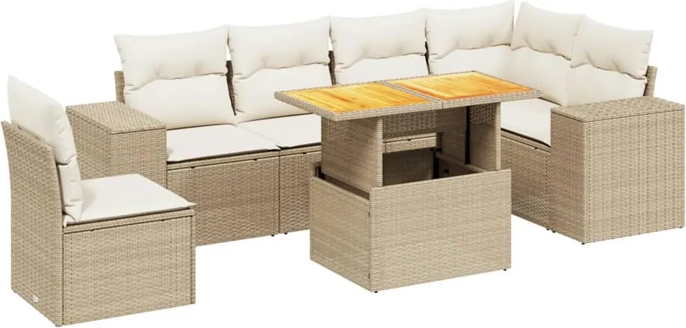 vidaXL 7 részes bézs polyrattan kerti ülőgarnitúra párnákkal