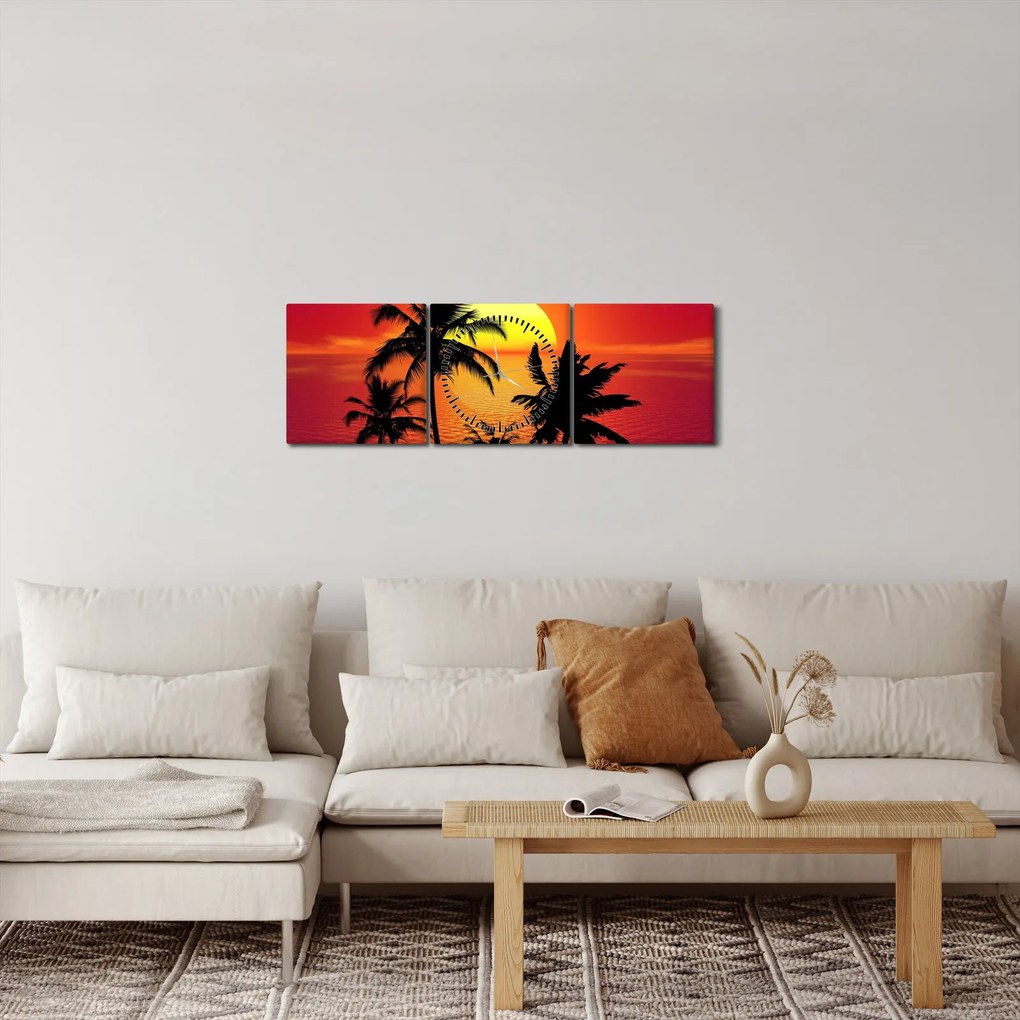 Egy sziget sziluettjének képe pálmafákkal (órával) (90x30 cm)