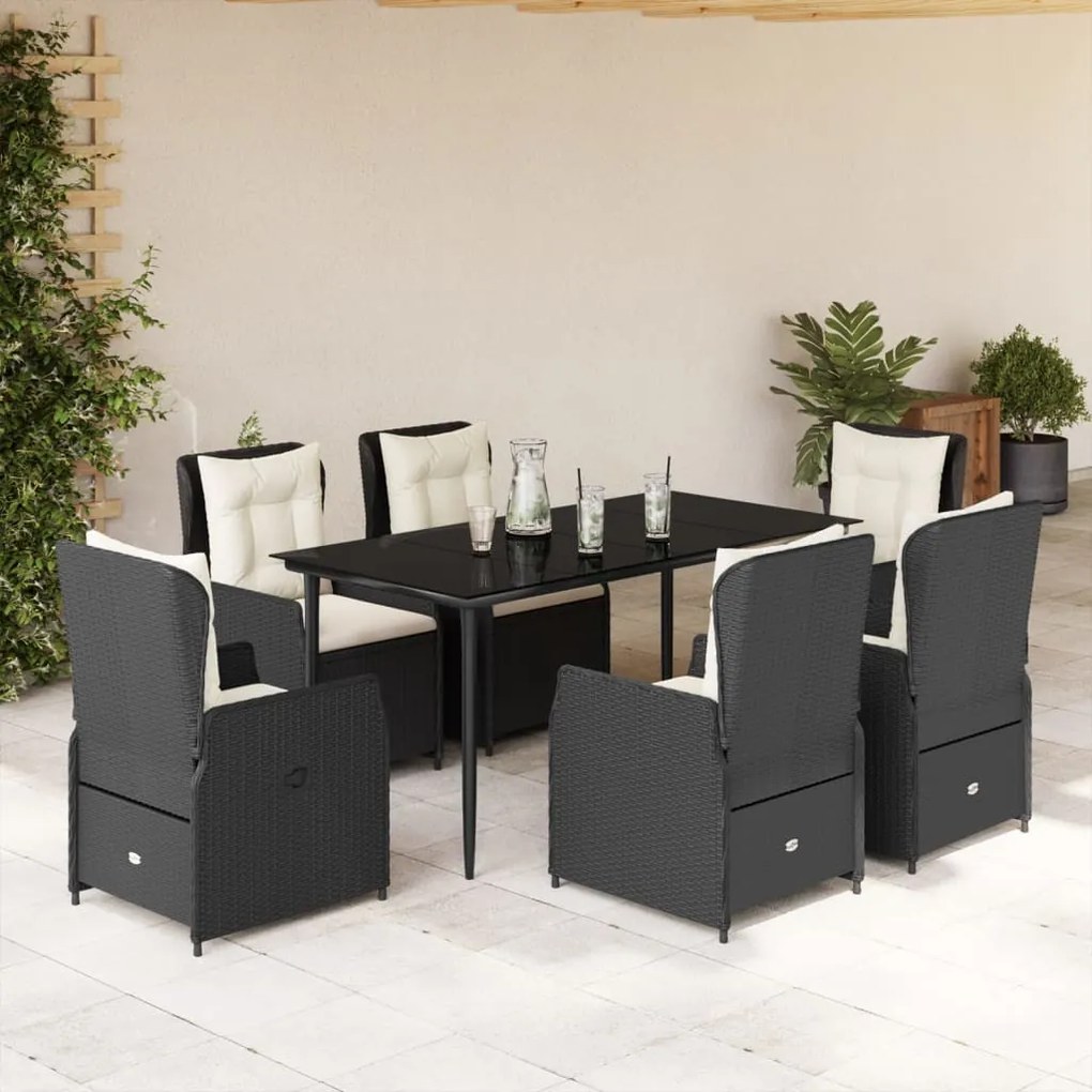 7 részes fekete polyrattan kerti étkezőgarnitúra párnával