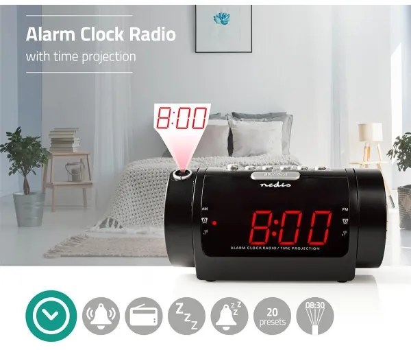 Nedis CLAR005BK - Rádiós ébresztőóra LED kijelzővel és projektorral 230V