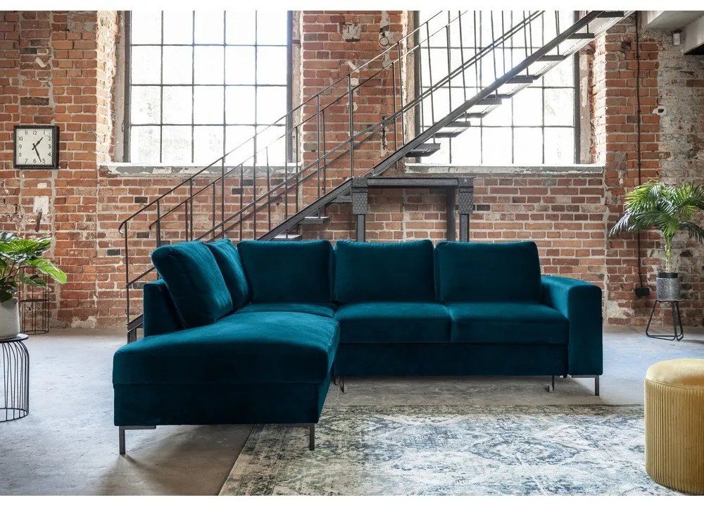 Türkiz bársony kinyitható sarokkanapé (bal oldali) Lofty Lilly – Miuform