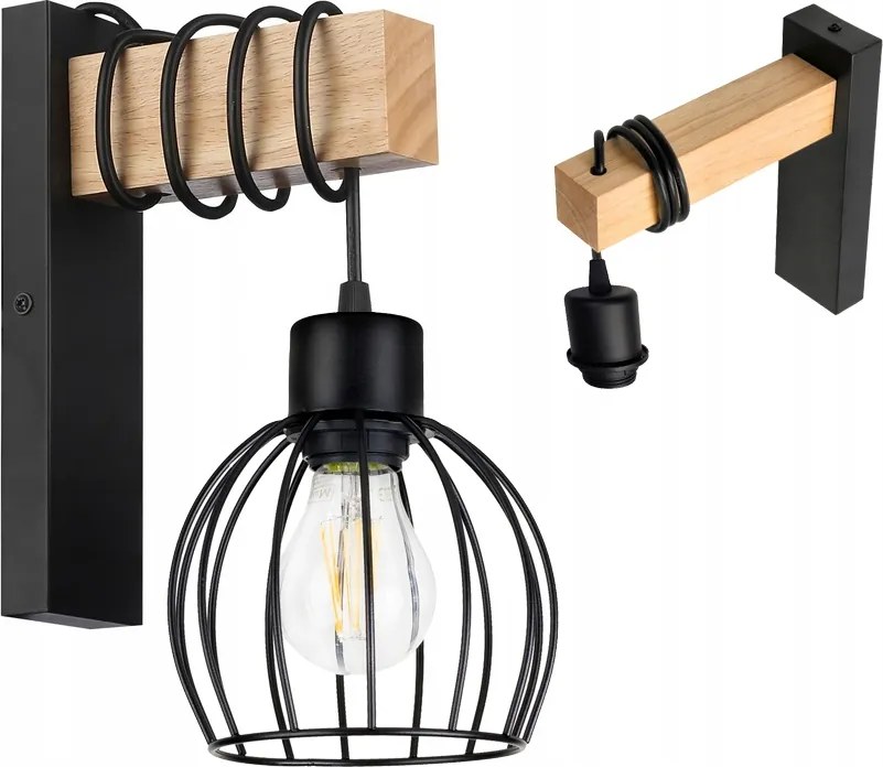 Fali lámpa fa Led túlnyúlás kábel lámpabúra 1xE27 Loft Fekete