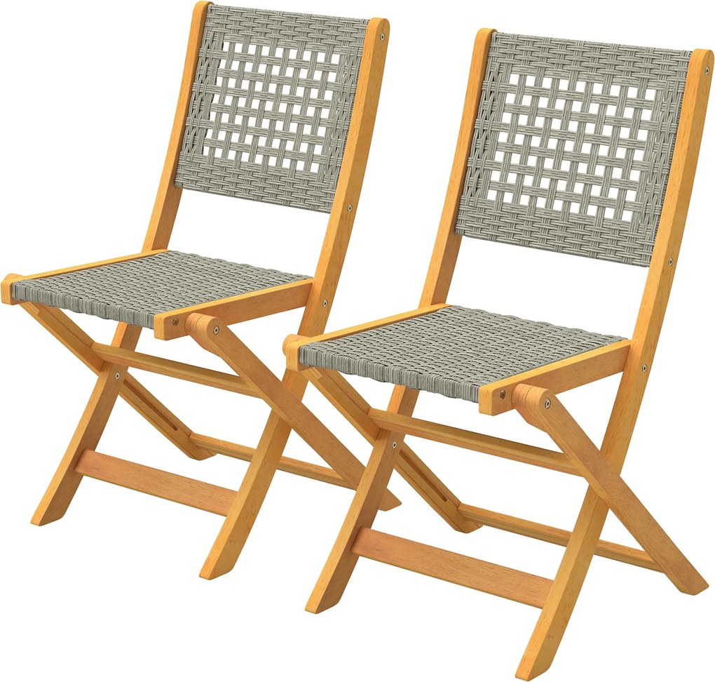 Outsunny 2 db összecsukható akác kerti szék — FSC akác, lélegző rattan ülés, szürke | Aosom