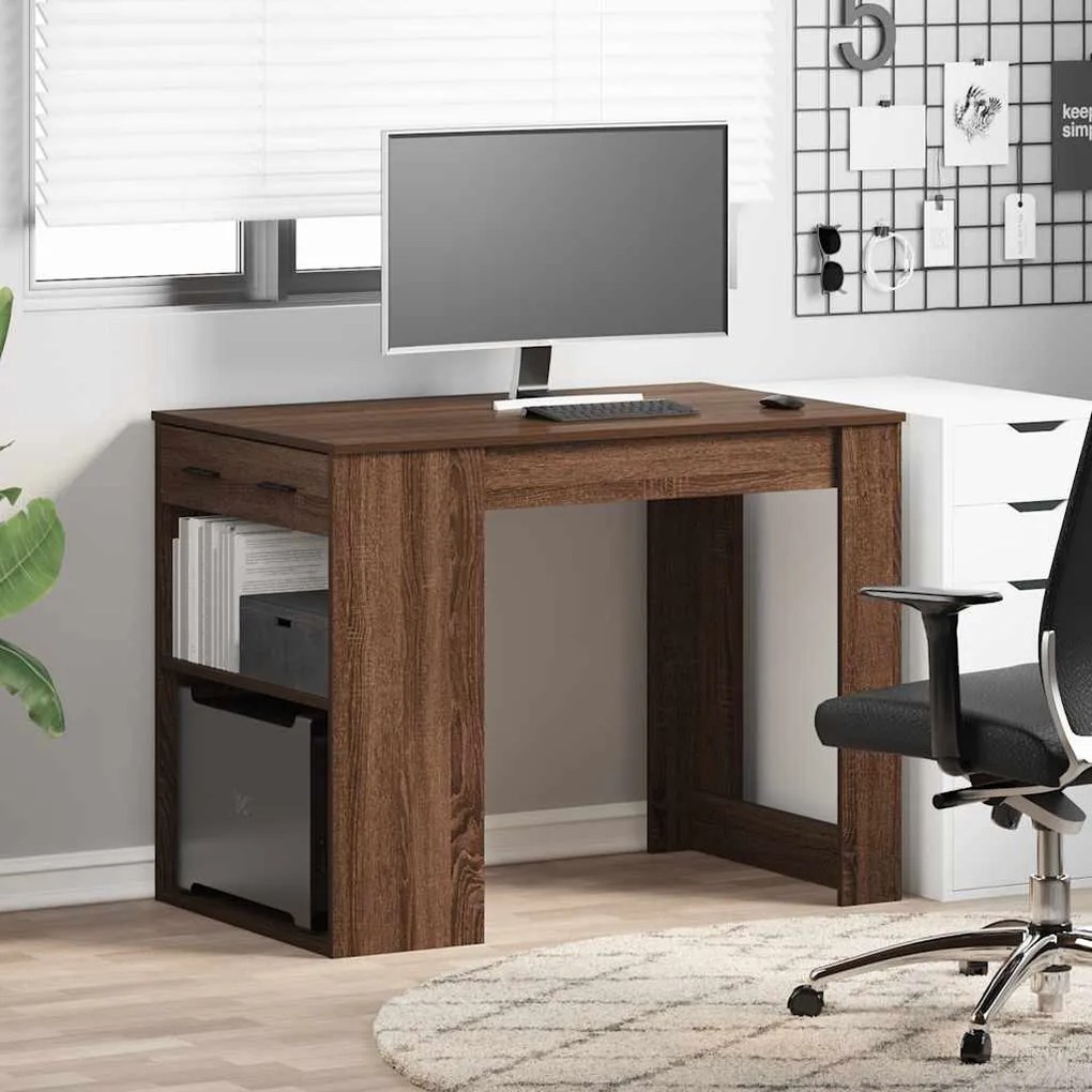 íróasztal fiókkal polccal barna tölgy 102x62x77,5 cm gépelt fa