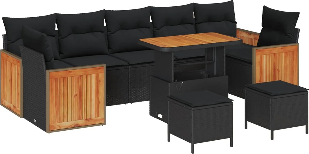 vidaXL Kerti Kanapé Szett 10 pcs Fekete Poli Rattan és Porfestett Acél