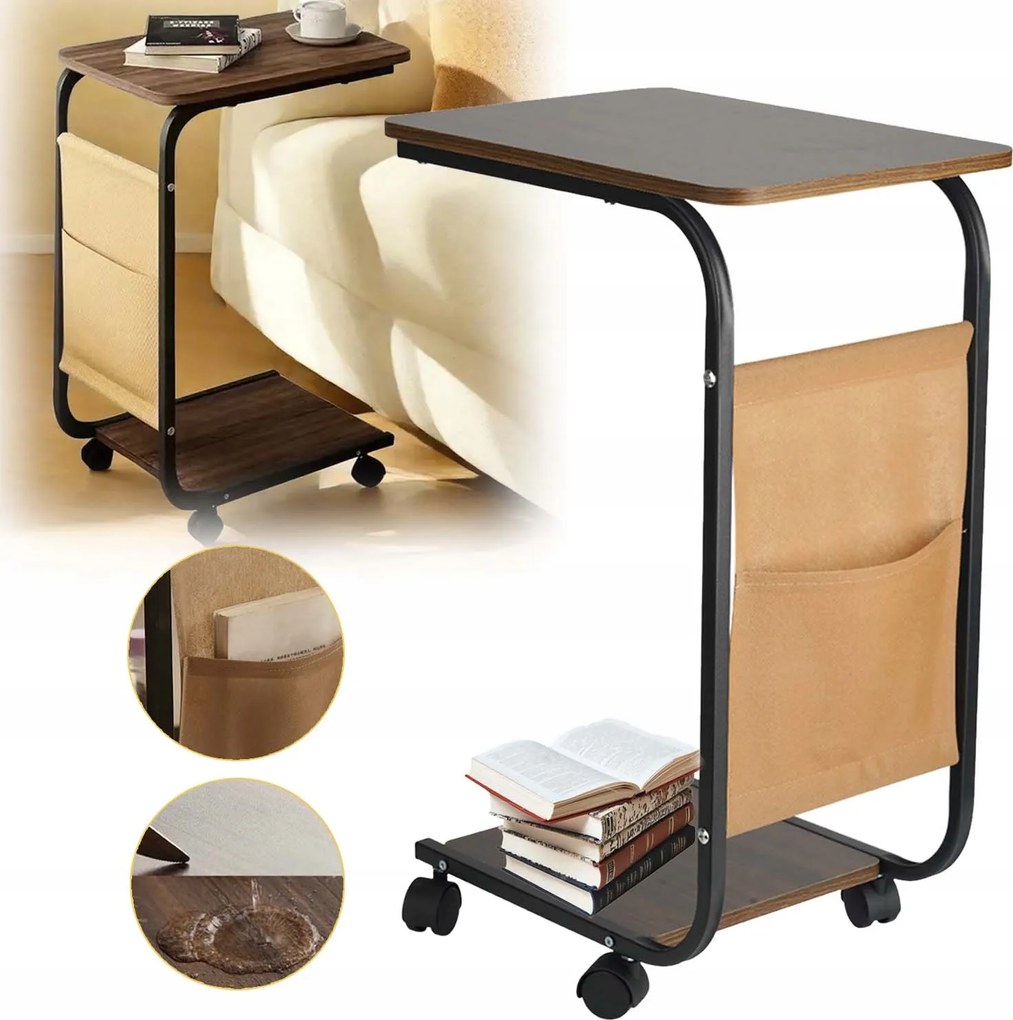 Oldalasztal Kerekekkel És Zsebbel 63CM, C-alakú, Mobil Kanapé/ágy Alá