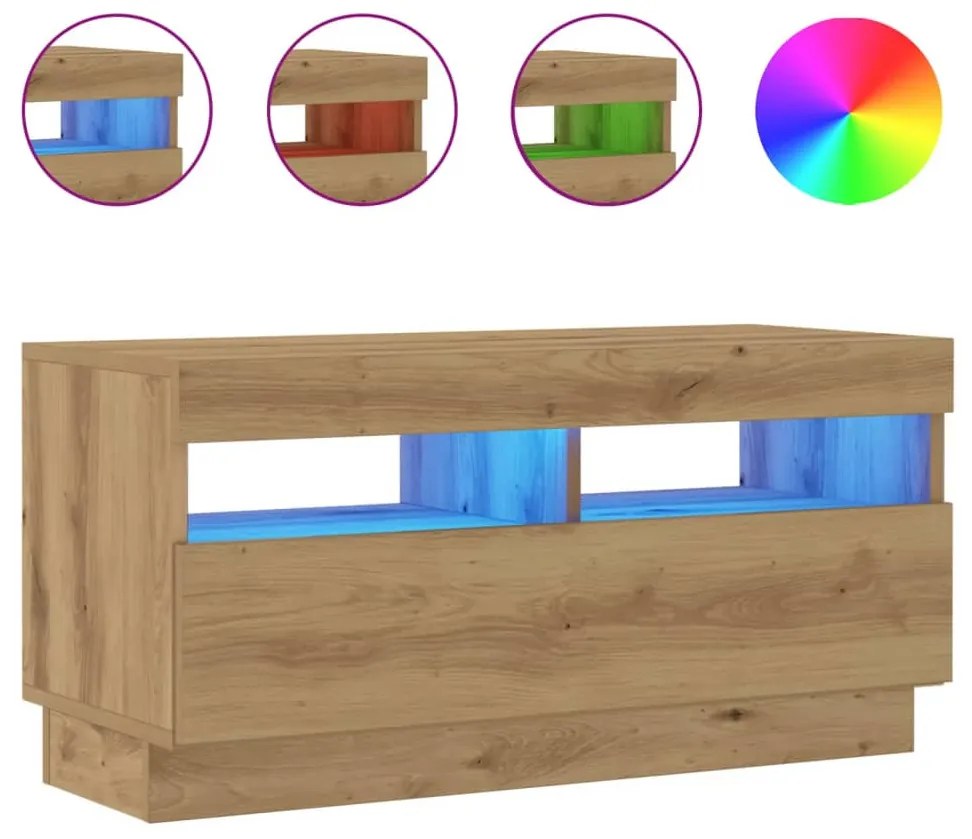 kézműves tölgyszínű szerelt fa TV-szekrény LED-ekkel 80x35x40cm
