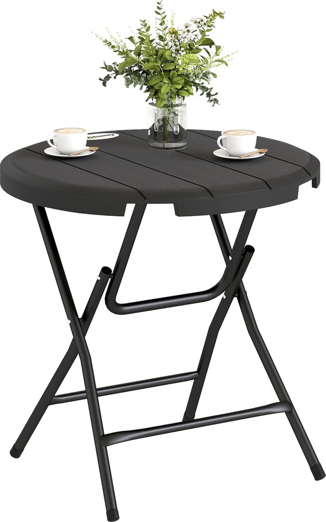 Outsunny Összecsukható Kerti Asztal Műanyag Ø80 cm Időjárásálló Összecsukható Asztal, Csúszásmentes Büféasztal Kemping Asztal 4 Főnek Erkélyasztal Ter