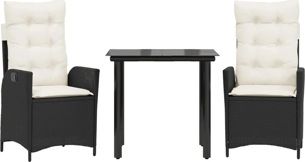 vidaXL 3 részes fekete polyrattan kerti étkezőgarnitúra párnákkal