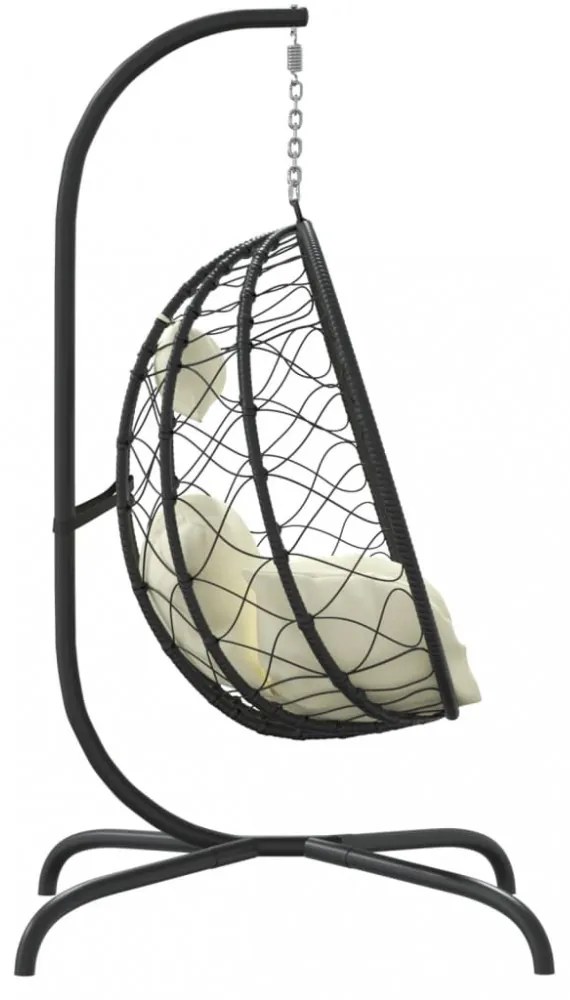 krémfehér polyrattan és acél függő kagylószék párnával