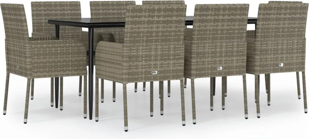 vidaXL 9 részes fekete és szürke polyrattan kerti étkezőszett párnával