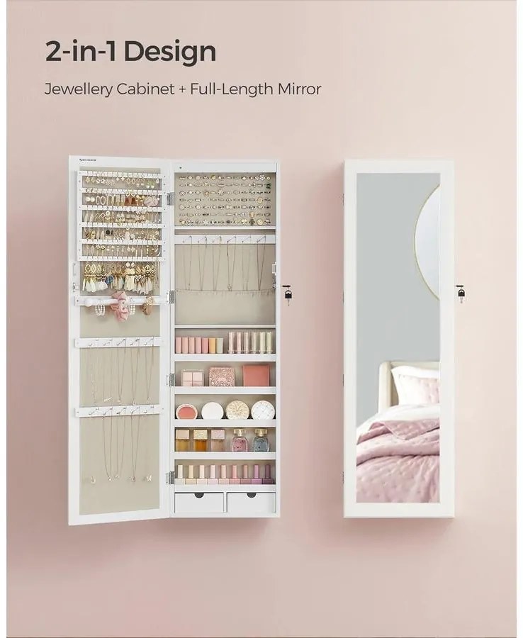 Ékszerszekrény falra szerelhető, zárható tároló tükörrel és több rekesszel – fehér/bézs