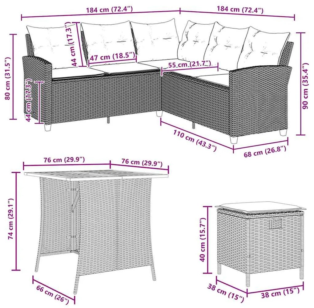 6 részes szürke polyrattan kerti ülőgarnitúra párnákkal L-alakú