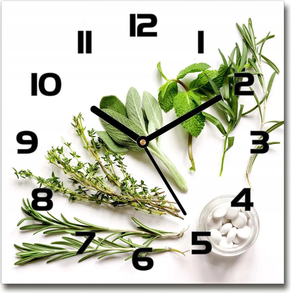 Gyönyörű csendes üveg falióra nappaliba Gyógynövények 30x30