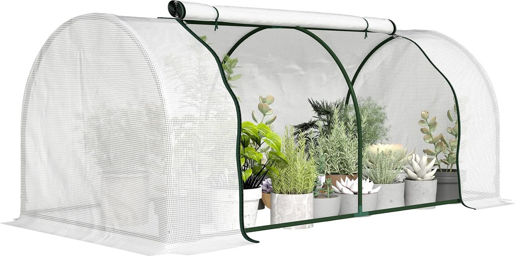 Outsunny megerősített PE-fóliasátor, télálló acél alagút erkélyre és kertbe, paradicsomfólia 200 x 100 x 80 cm — fehér | Aosom