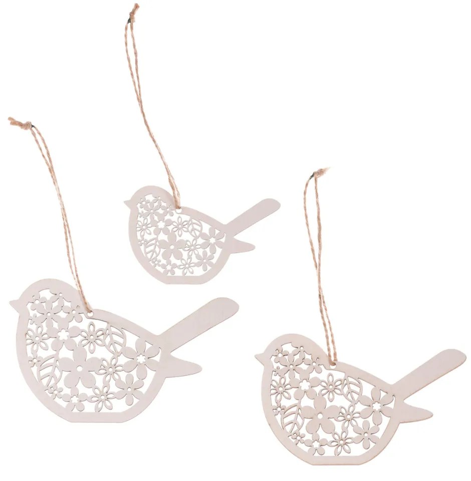 Függeszthető Kismadarak, Fából Készült Tavaszi Dekoráció Virág Mintával, Fehér Színben. 3 db-os Csomagban.
