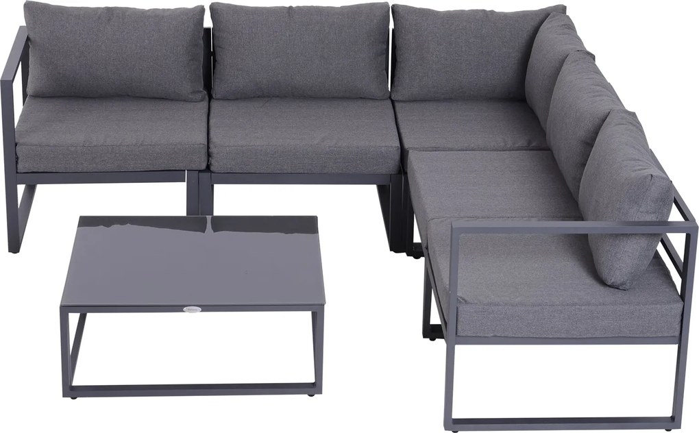 Outsunny 6 részes Kerti Bútor Szett: Patio Fotel Szett Kültéri Bútor Alumínium + Poliészter + Edzett Üveg Szürke, 4 x Szék, 1 x Sarokkanapé, 1 x Kávéz