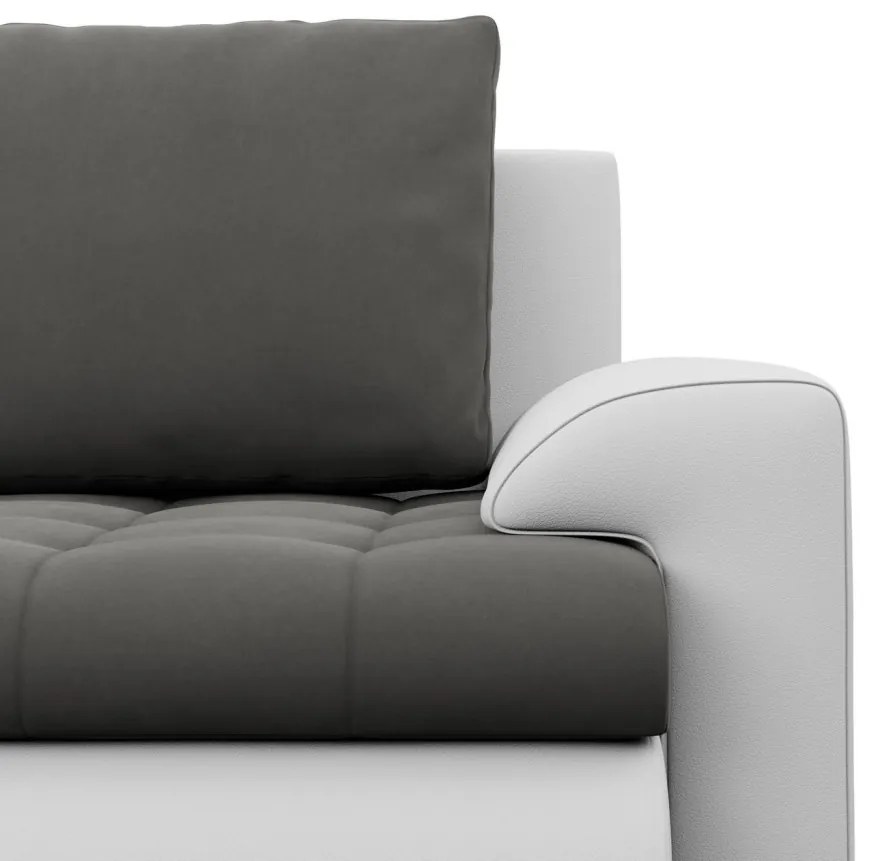Tokio sarokkanapé, L alakú háttámlával, 2 ágyneműtartóval, bársony + műbőr, jobboldali, szürke - fehér