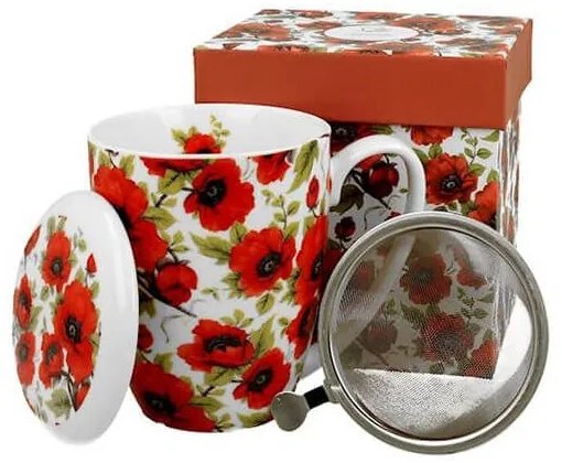 Pipacsos porcelán bögre fém szűrővel és tetővel 380 ml