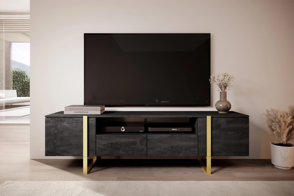 Verica 200 cm-es TV-szekrény nyitott polccal - szénfekete / arany lábak