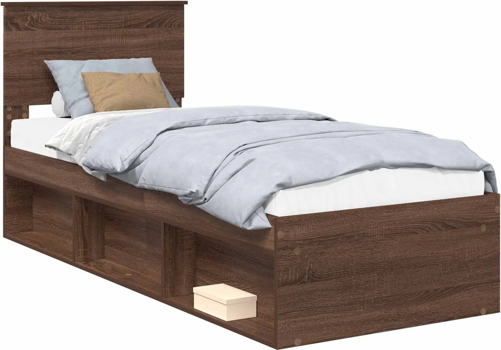 vidaXL Ágykeret fejtámlával Barna Tölgy 75 x 190 cm Tömör fenyőfa