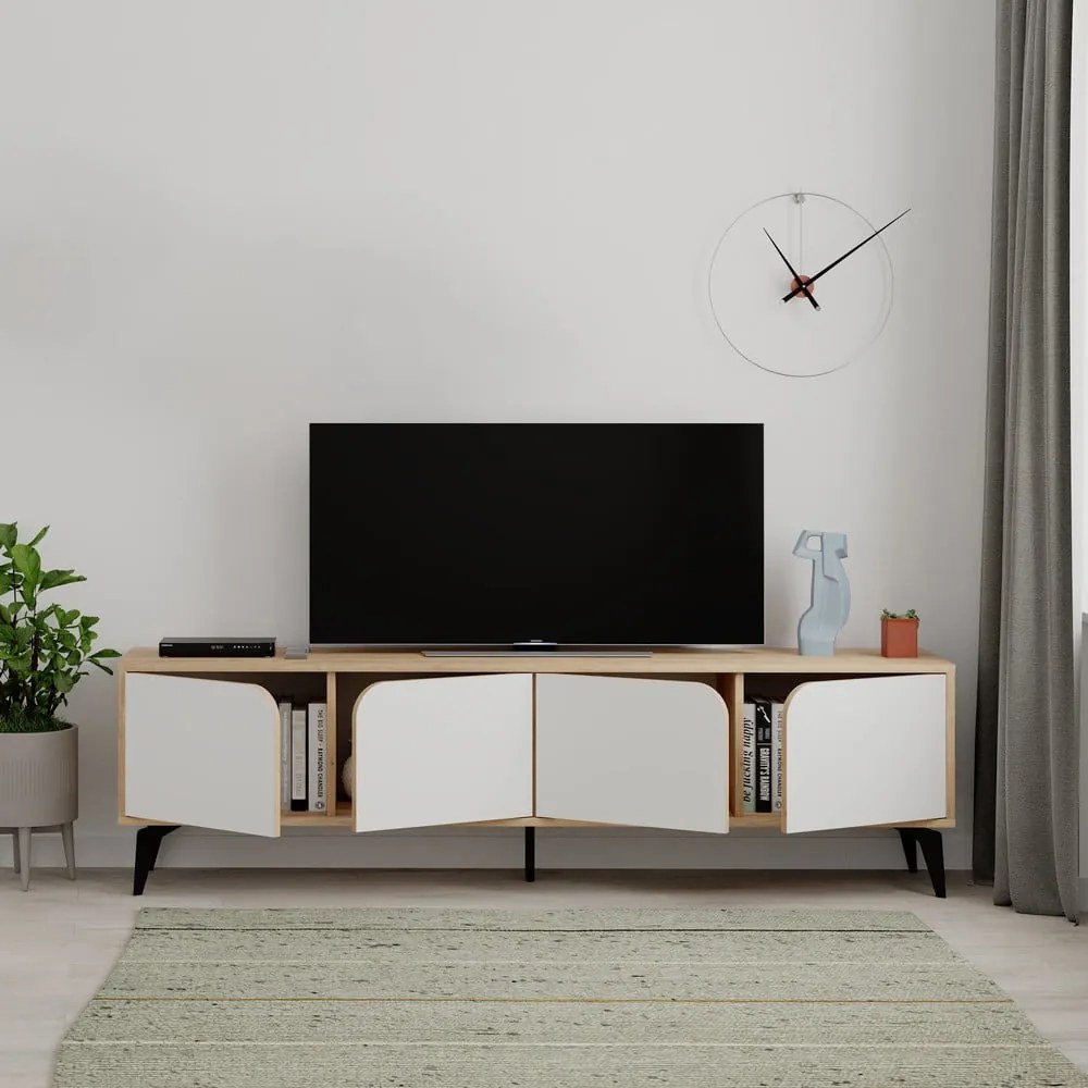 Fehér-natúr színű TV-állvány tölgyfa dekorral 180x51 cm Nola – Marckeric