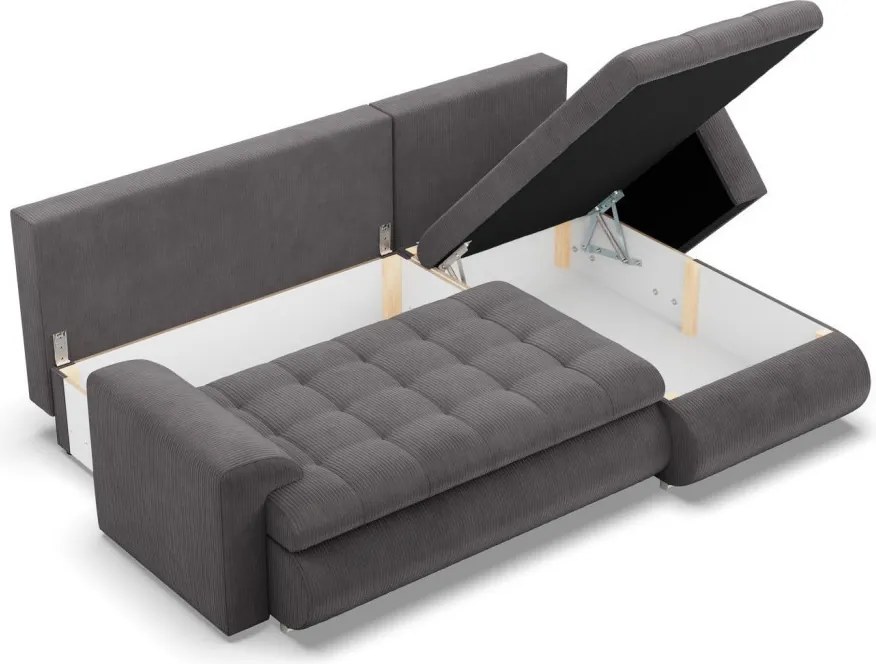 Tokio sarokkanapé, 2 ágyneműtartóval, kordbársony, jobboldali, szürke